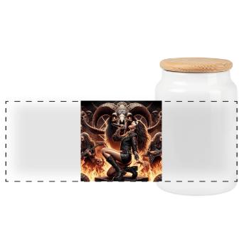 Female heavy metal band in hell - Panoramic Cookie Jar with Wooden Lid - white - Front