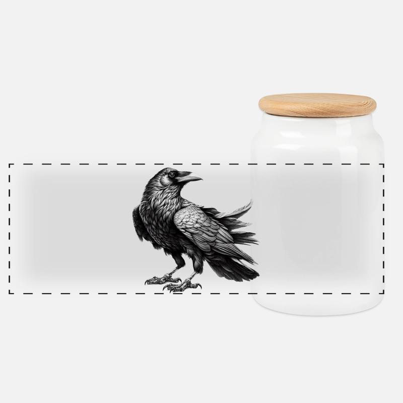 Schwarzweiß Raben Illustration - Panorama Keksdose mit Holzdeckel - Weiß