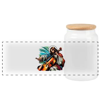 Jesus Christ cello music design - Panoramic Cookie Jar with Wooden Lid - white - Front