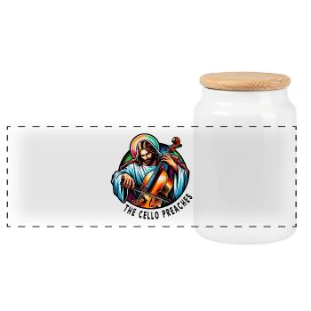 The cello preaches Jesus Christ - Panoramic Cookie Jar with Wooden Lid - white - Front