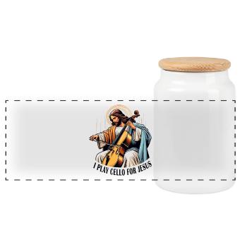 I play cello for Jesus music - Panoramic Cookie Jar with Wooden Lid - white - Front