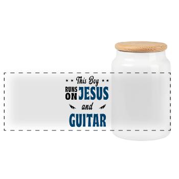 This boy is playing Jesus and guitar - Panoramic Cookie Jar with Wooden Lid - white - Front