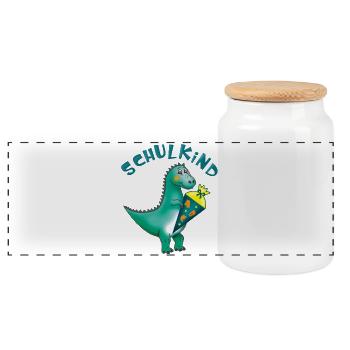 Schoolchild - Dino with school cone - customizable - Panoramic Cookie Jar with Wooden Lid - white - Front
