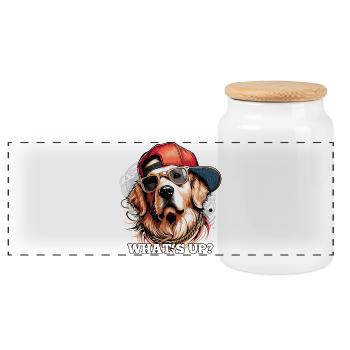 Was geht ab? Cooler Golden Retriever Geschenk - Panorama Keksdose mit Holzdeckel - Weiß - Vorne