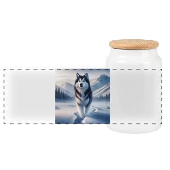 Husky - Panoramic Cookie Jar with Wooden Lid - white - Front