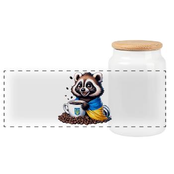 Ukraine Raccoon with Coffee Cup, Good Morning - Panoramic Cookie Jar with Wooden Lid - white - Front
