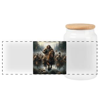 Warriors of Cantabrian tribes - Panoramic Cookie Jar with Wooden Lid - white - Front