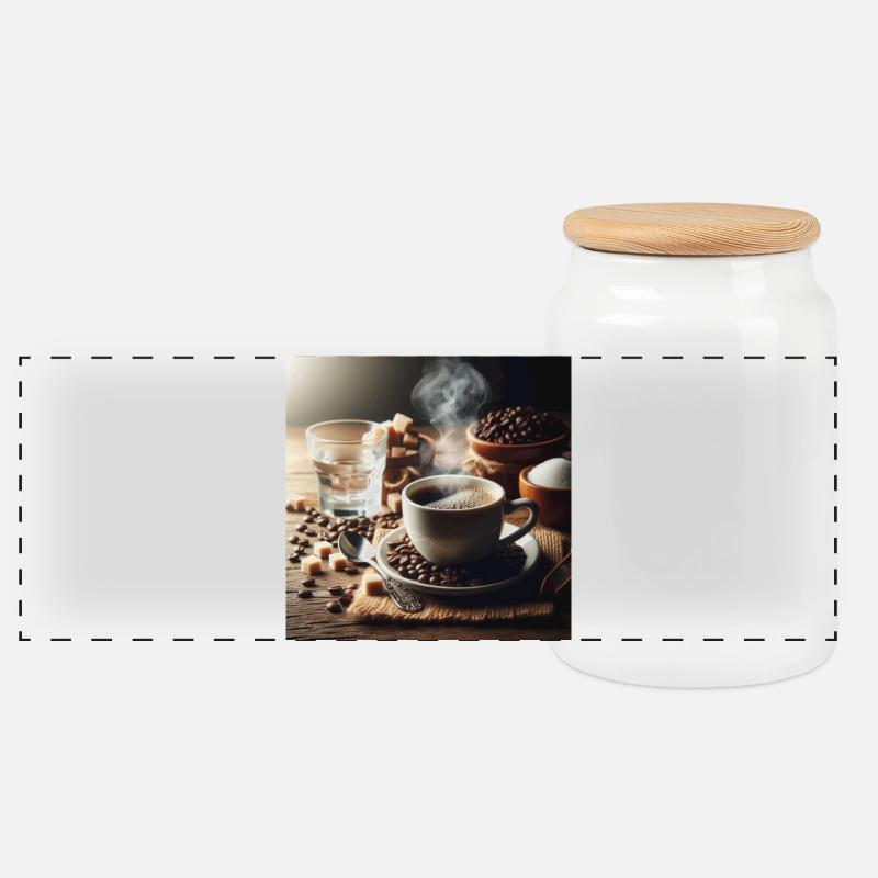 Tasse Kaffee - Panorama Keksdose mit Holzdeckel - Weiß