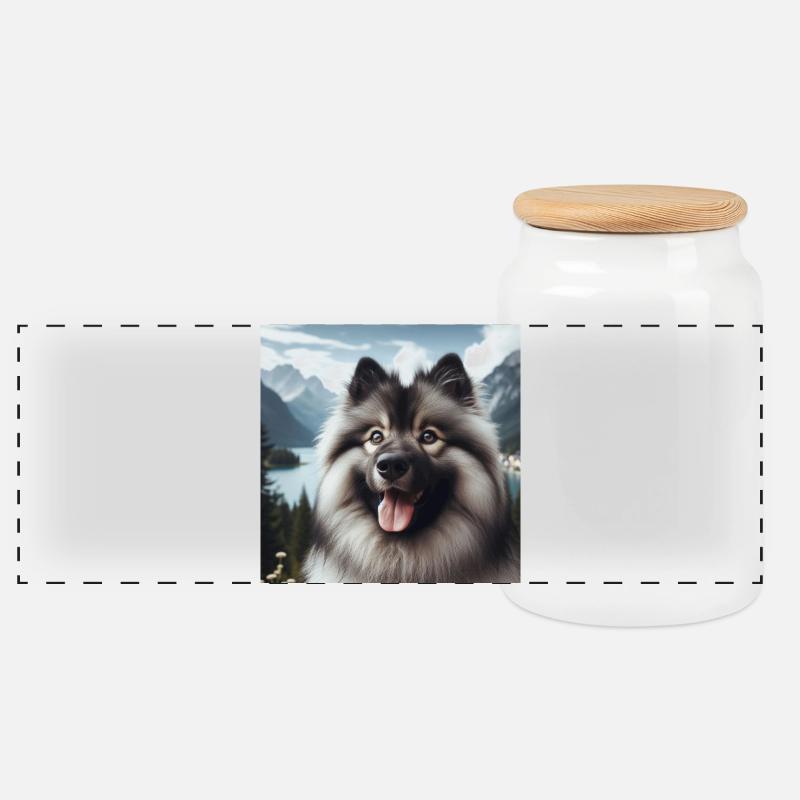 Fröhlicher Wolfspitz - Panorama Keksdose mit Holzdeckel - Weiß