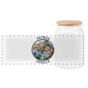 Patmos Greece Vacation Aegean Sea Travel - Panoramic Cookie Jar with Wooden Lid - white - Front