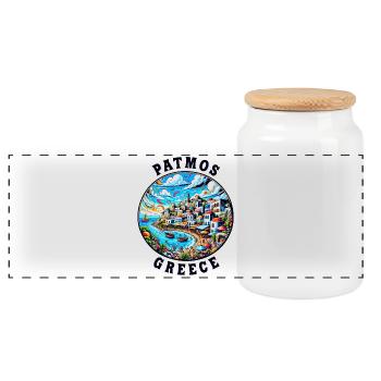 Patmos Greece Vacation Aegean Sea Bay - Panoramic Cookie Jar with Wooden Lid - white - Front