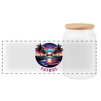 Patmos Greece vacation beach sunset - Panoramic Cookie Jar with Wooden Lid - white - Front