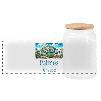 Patmos Greece holiday island beach - Panoramic Cookie Jar with Wooden Lid - white - Front