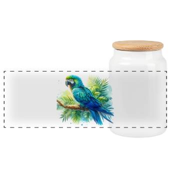 Watercolor Blue Macaw - Panoramic Cookie Jar with Wooden Lid - white - Front