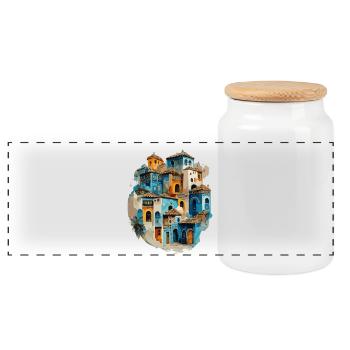 Colorful house village in blue hue - Panoramic Cookie Jar with Wooden Lid - white - Front