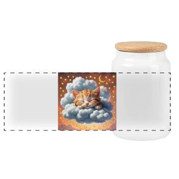 sleeping cat - Panoramic Cookie Jar with Wooden Lid - white - Front