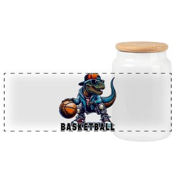 Basketball T-Rex Dinosaur Gift - Panoramic Cookie Jar with Wooden Lid - white - Front