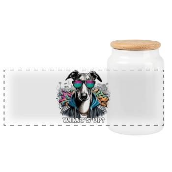 Windhund Was geht ab? Hund Graffiti Geschenk - Panorama Keksdose mit Holzdeckel - Weiß - Vorne