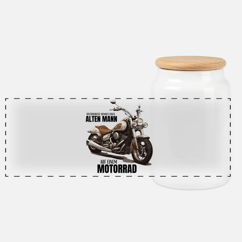 Motorrad - unterschätze niemals einen alten Mann - Panorama Keksdose mit Holzdeckel - Weiß