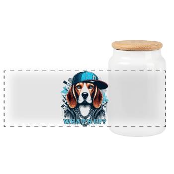 Beagle Gangsta Was geht ab? Hund Geschenk - Panorama Keksdose mit Holzdeckel - Weiß - Vorne