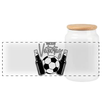 Unser erster Vatertag (Fußball Papa Sohn Baby) - Panorama Keksdose mit Holzdeckel - Weiß - Vorne