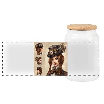 Beautiful girl in steampunk style - Panoramic Cookie Jar with Wooden Lid - white - Front