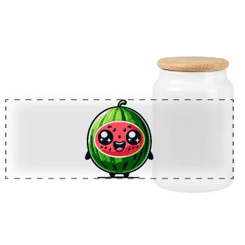 Kawaii Watermelon Cartoon Design - Panoramic Cookie Jar with Wooden Lid - white - Front