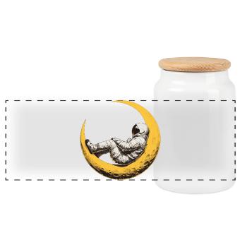 An astronaut on a crescent Moon - Panoramic Cookie Jar with Wooden Lid - white - Front