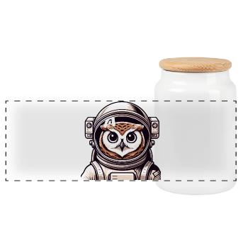A cartoon style astronaut owl - Panoramic Cookie Jar with Wooden Lid - white - Front