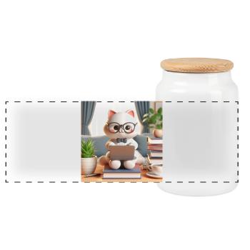 3D-Computer-Katze - Panorama Keksdose mit Holzdeckel - Weiß - Vorne
