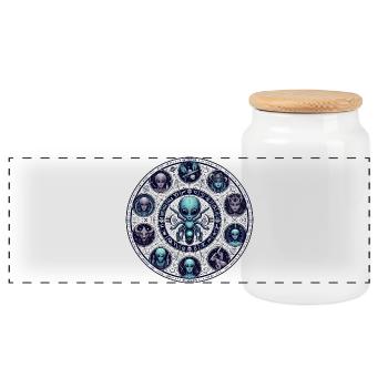 Alien Zodiac Wheel Design - Panoramic Cookie Jar with Wooden Lid - white - Front