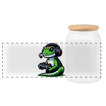 Gecko Gamer: Mastering the Joystick Jungle - Panoramic Cookie Jar with Wooden Lid - white - Front