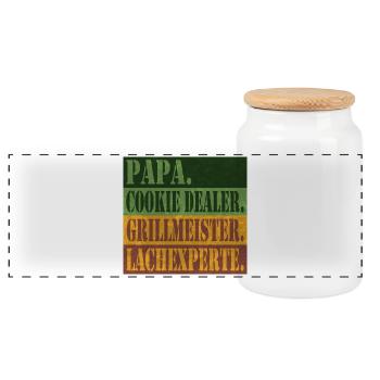 Papa – Cookie Dealer, Grillmeister, Lachexperte - Panorama Keksdose mit Holzdeckel - Weiß - Vorne