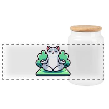 Meowmaste: The Zen Yoga Cat - Panoramic Cookie Jar with Wooden Lid - white - Front