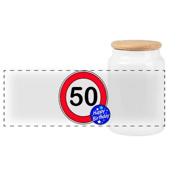 50.Geburtstag, 50 Jahre , Happy Birthday (25) - Panorama Keksdose mit Holzdeckel - Weiß - Vorne
