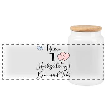 Unser erster Hochzeitstag Ehepaar - Panorama Keksdose mit Holzdeckel - Weiß - Vorne