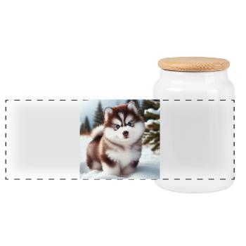 Siberian husky puppy in the snow - Panoramic Cookie Jar with Wooden Lid - white - Front
