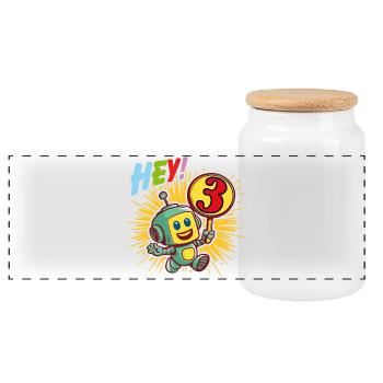 Three Year Old Little Robot Hello I'm 3 - Panoramic Cookie Jar with Wooden Lid - white - Front