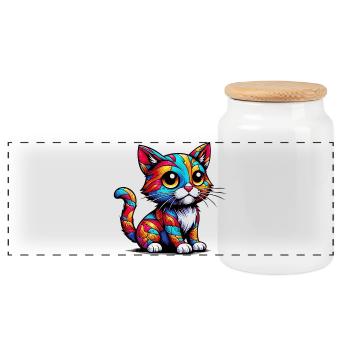 Cat - Panoramic Cookie Jar with Wooden Lid - white - Front