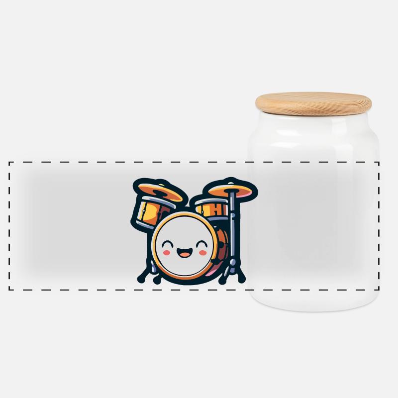 Rhythmic Rumble: The Drum Set Delight - Panoramic Cookie Jar with Wooden Lid - white