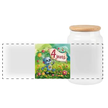 4 ans petit robot mignon dans la prairie fleurie - Boîte à biscuits avec couvercle en bois - blanc - Devant