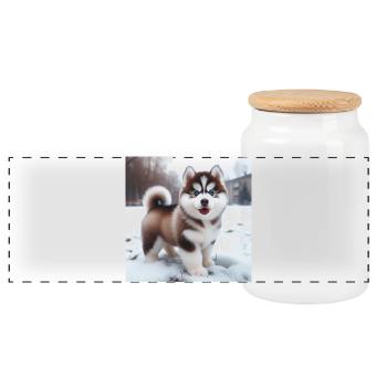 Siberian husky puppy in the snow - Panoramic Cookie Jar with Wooden Lid - white - Front