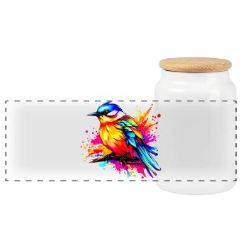 Colorful Bird - Panoramic Cookie Jar with Wooden Lid - white - Front