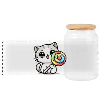 Sweet Whiskers: The Candy Cat - Panoramic Cookie Jar with Wooden Lid - white - Front