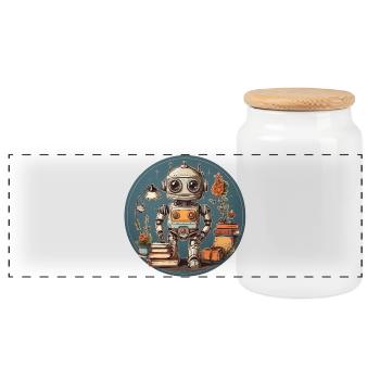 Petit robot drôle avec beaucoup de fournitures scolaires - Boîte à biscuits avec couvercle en bois - blanc - Devant