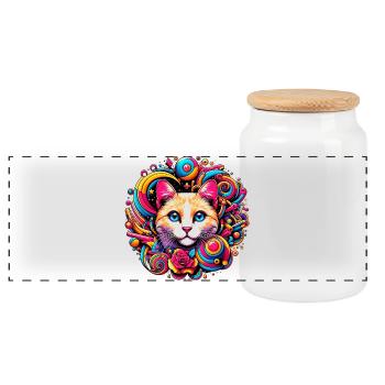Cat - Panoramic Cookie Jar with Wooden Lid - white - Front
