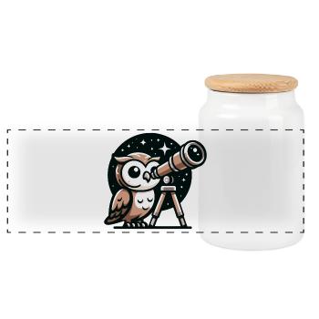 Stargazer Hoot: The Celestial Owl - Panoramic Cookie Jar with Wooden Lid - white - Front