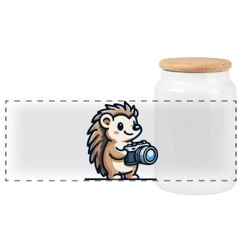 Schnappschuss-Igel: Der Shutterbug-Kumpel - Panorama Keksdose mit Holzdeckel - Weiß - Vorne