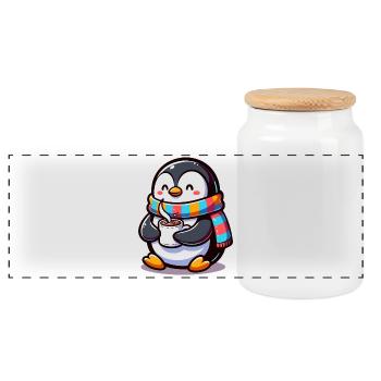 Charming Penguin with Colourful Scarf - Panoramic Cookie Jar with Wooden Lid - white - Front