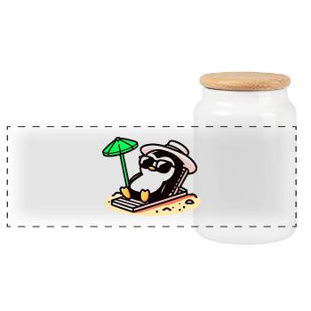 Sunbathing Penguin: Beach Day Chill - Panoramic Cookie Jar with Wooden Lid - white - Front